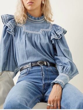 NWT Ulla Johnson Ester Chambray Ruffle Sleeve Blouse